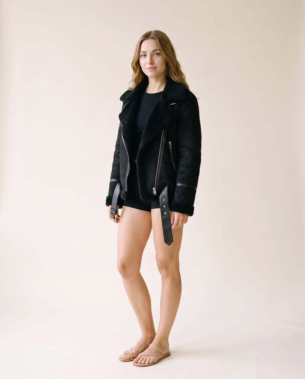Faux Suede Biker Jacket with Faux Shearling Lapel in Black, side view, worn by Ava
