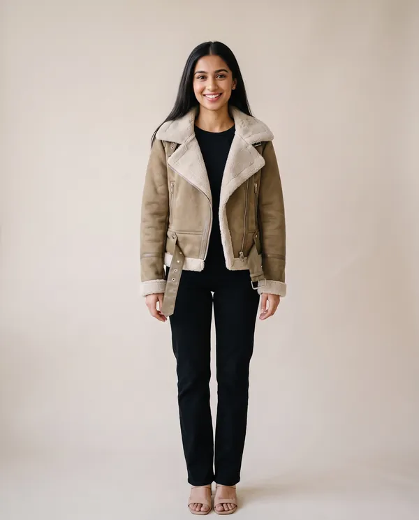 Faux Suede Biker Jacket with Faux Shearling Lapel in Khaki, front view, worn by Priya