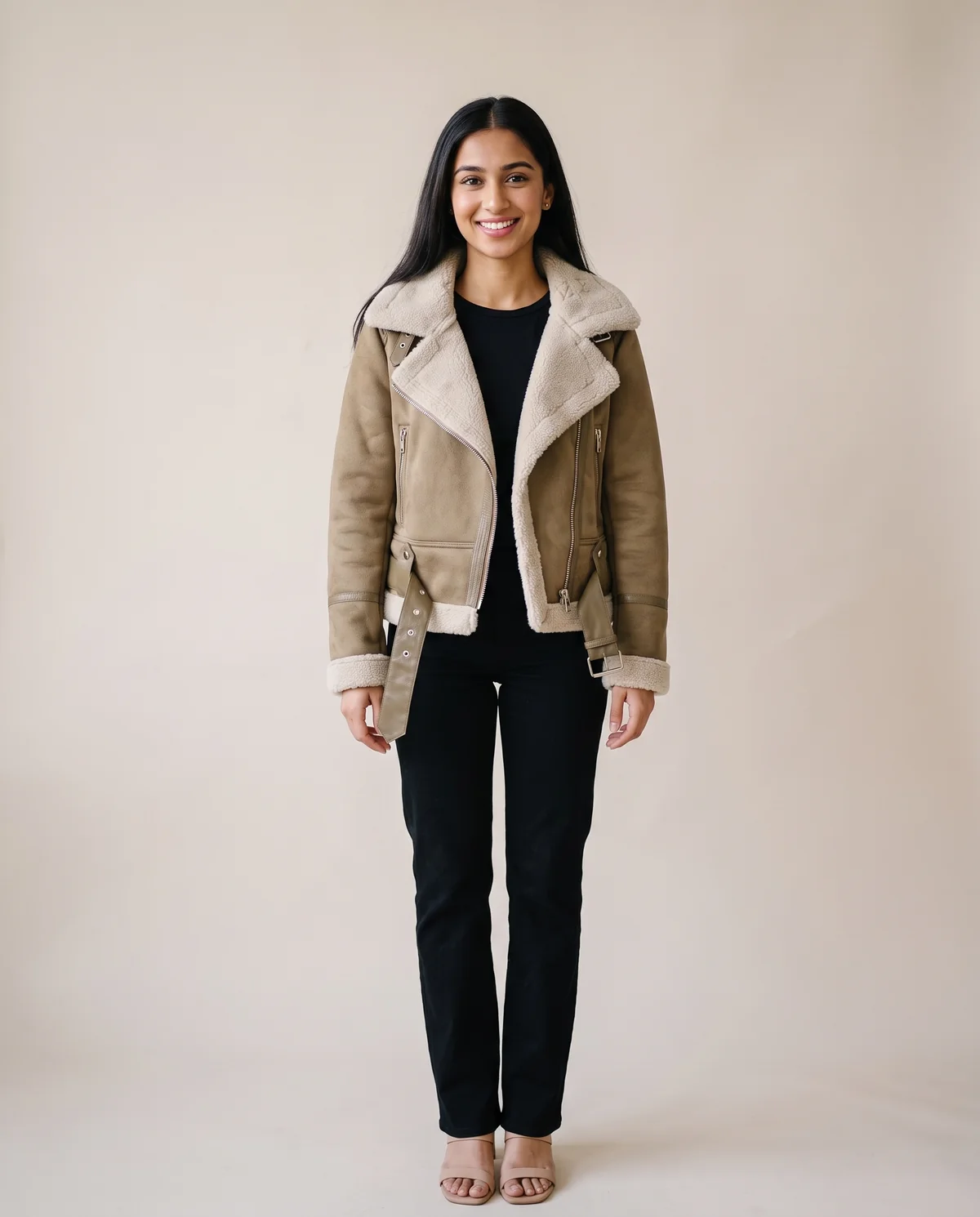 Faux Suede Biker Jacket with Faux Shearling Lapel in Khaki, front view, worn by Priya