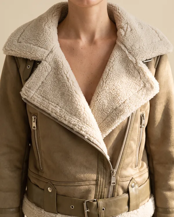 Faux Suede Biker Jacket with Faux Shearling Lapel in Khaki, close-up of the detail