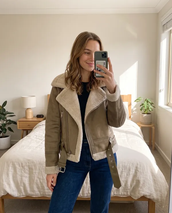 Satin Eve styling: Faux Suede Biker Jacket with Faux Shearling Lapel