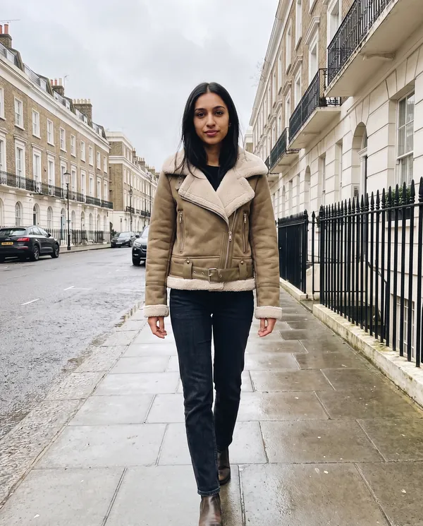 Satin Eve styling: Faux Suede Biker Jacket with Faux Shearling Lapel