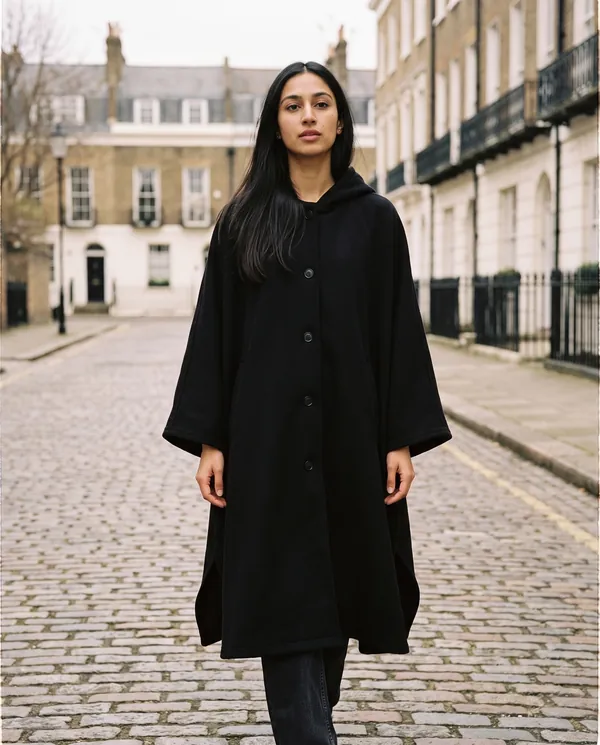 Satin Eve styling: Hooded Cape Coat