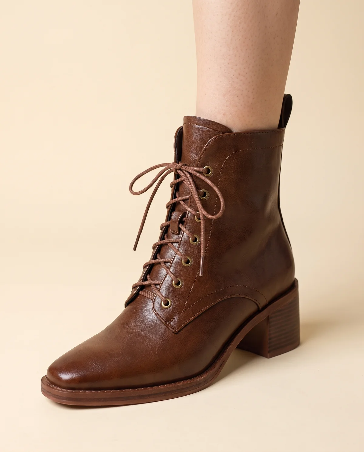 Lace-Up Block-Heel Ankle Boot in Cognac, close-up of the detail