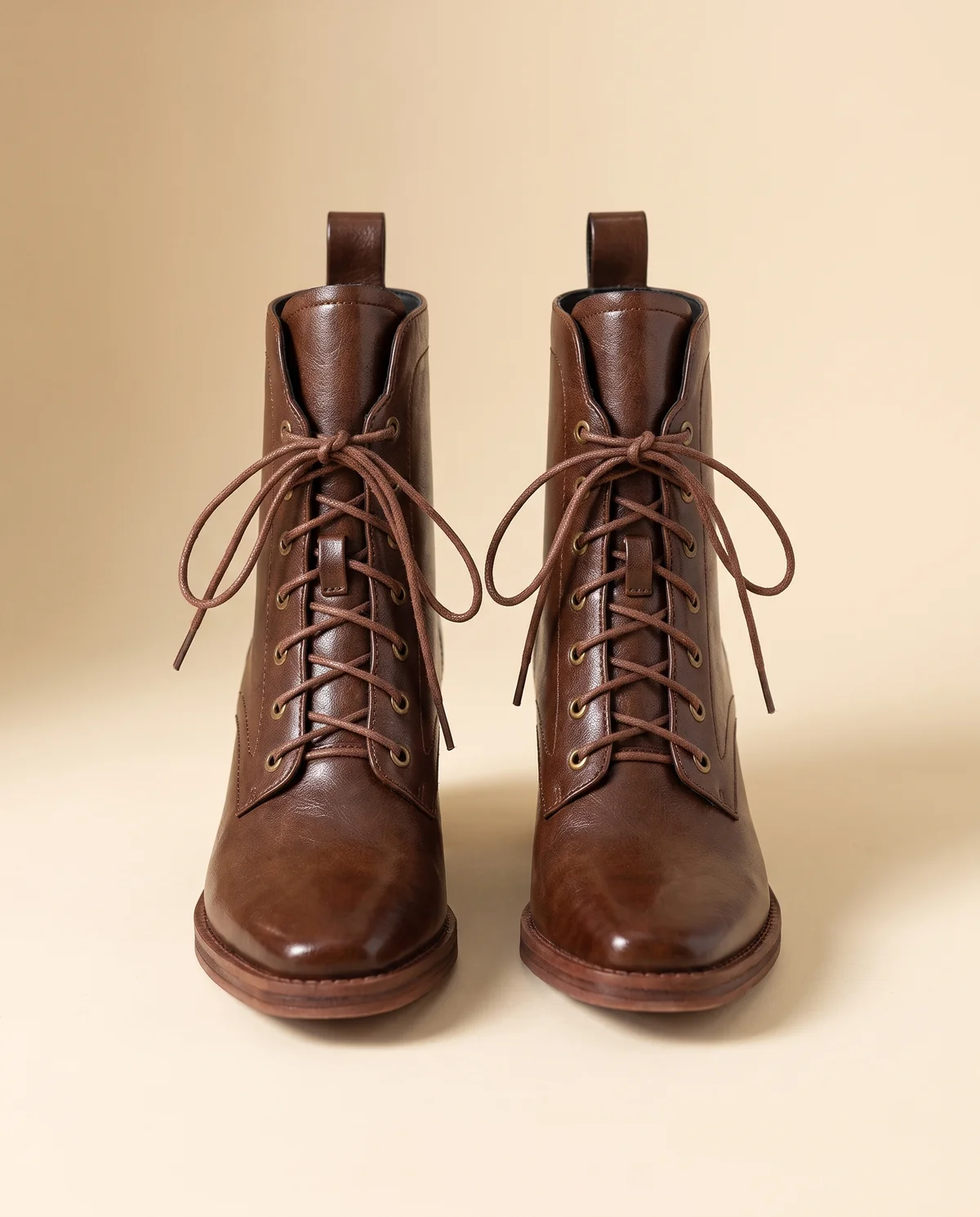 Lace-Up Block-Heel Ankle Boot in Cognac, product shot on a plain background