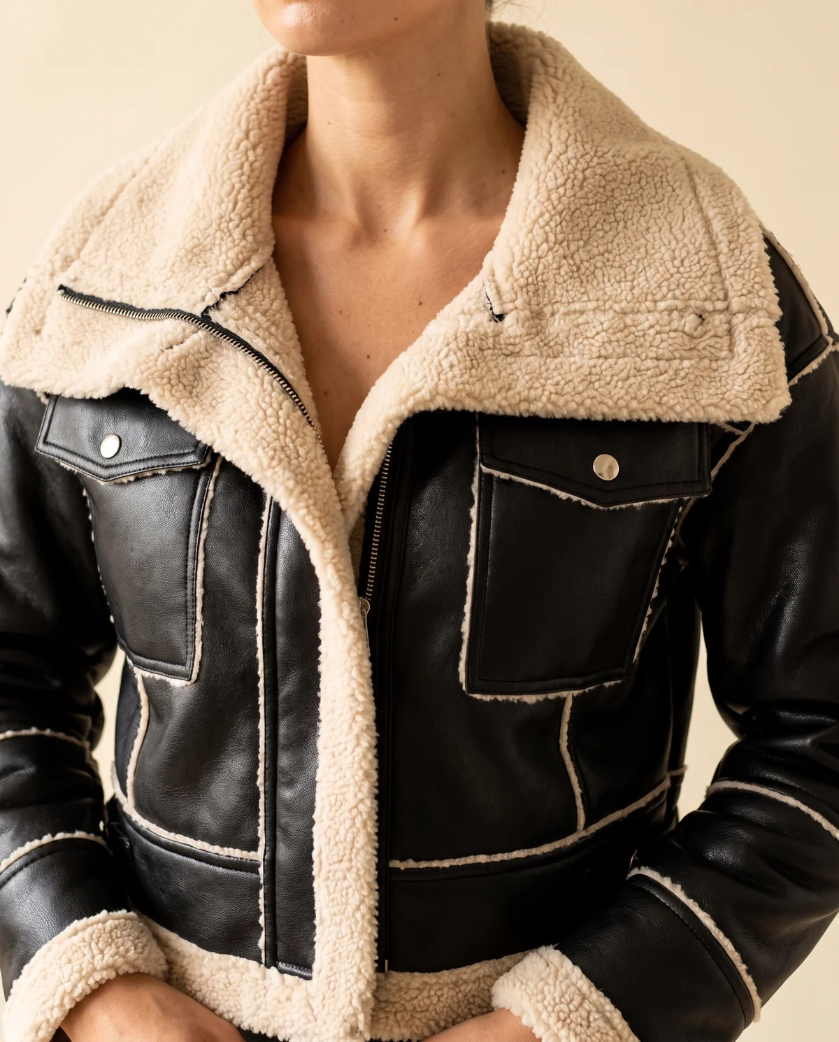 Faux Shearling Cropped Aviator Jacket in Black, close-up of the detail