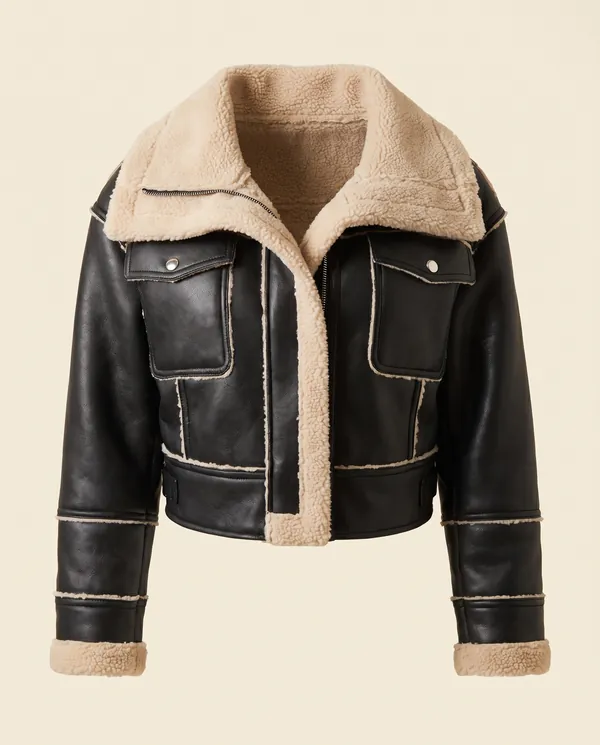 Faux Shearling Cropped Aviator Jacket in Black, product shot on a plain background