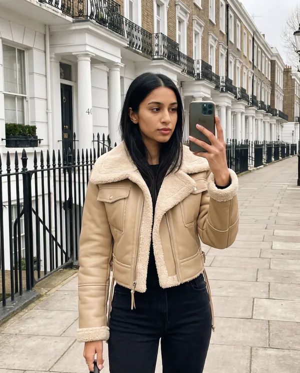 Satin Eve styling: Faux Shearling Cropped Aviator Jacket