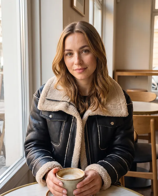 Satin Eve styling: Faux Shearling Cropped Aviator Jacket