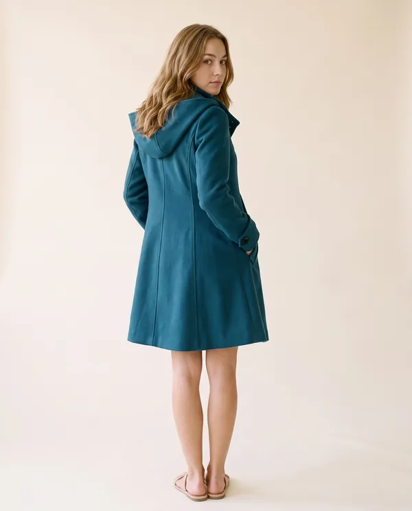 Hooded A-Line Wool-Look Coat in Teal, back view, worn by Ava