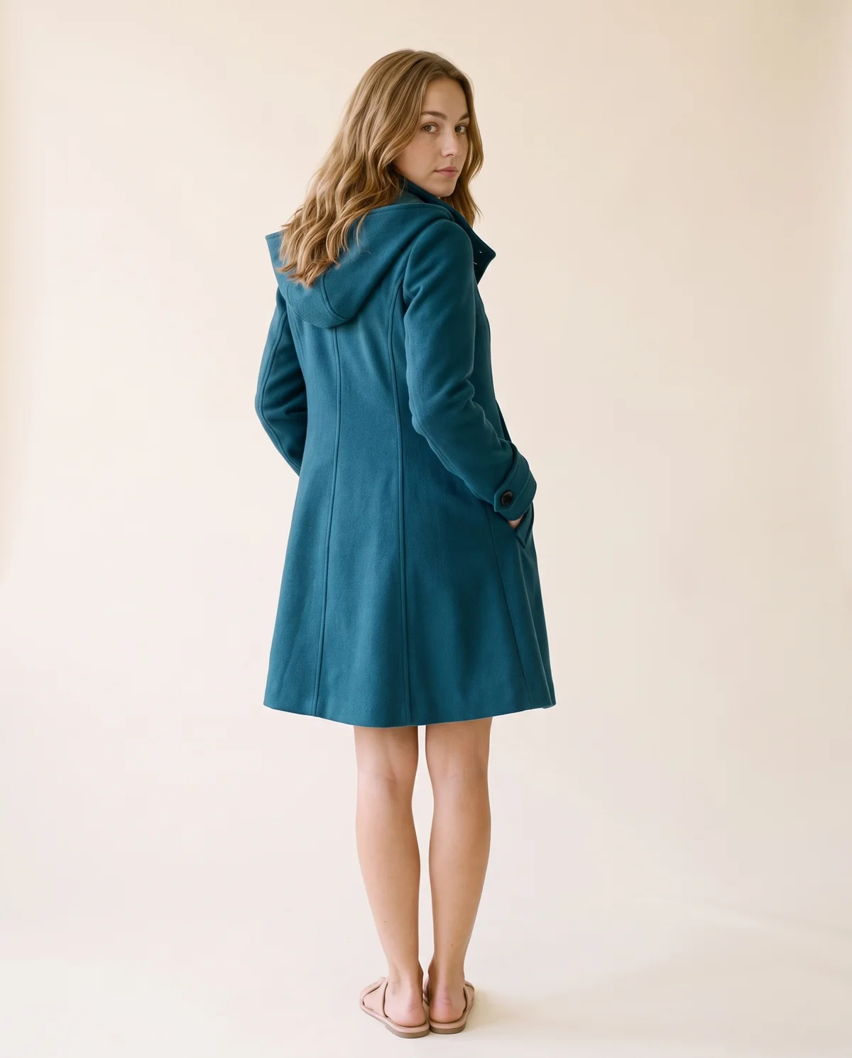 Hooded A-Line Wool-Look Coat in Teal, back view, worn by Ava