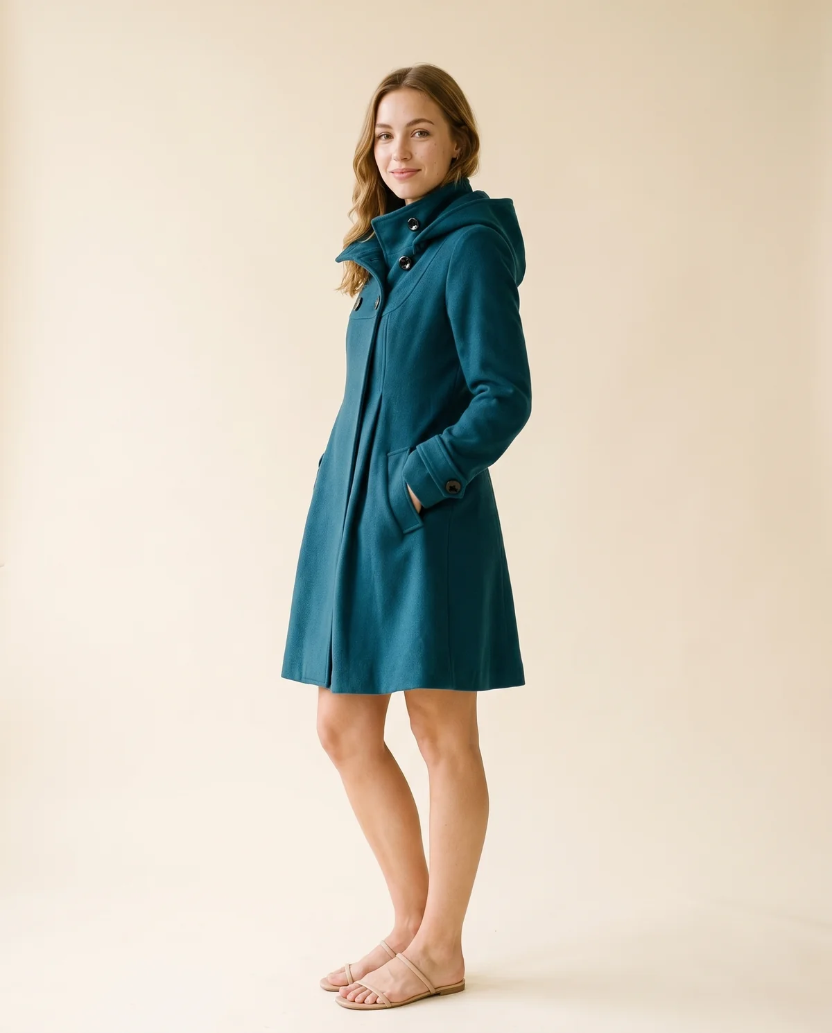 Hooded A-Line Wool-Look Coat in Teal, side view, worn by Ava