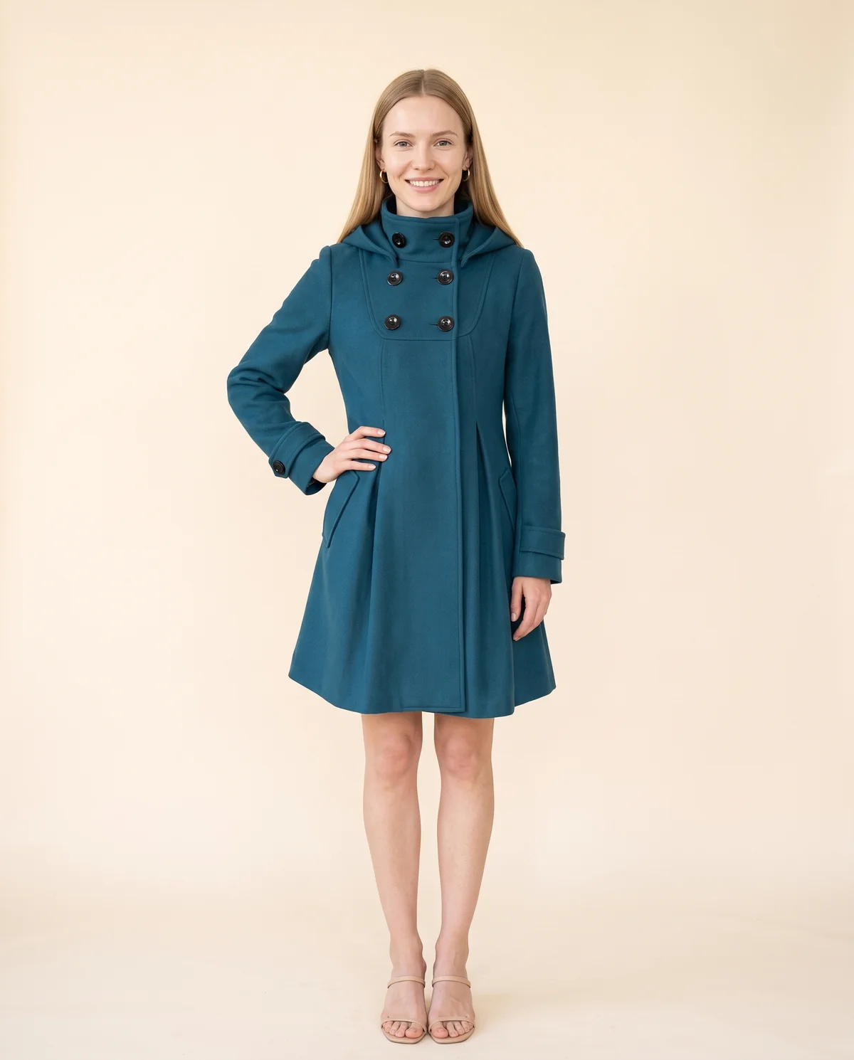 Hooded A-Line Wool-Look Coat in Teal, front view, worn by Maya