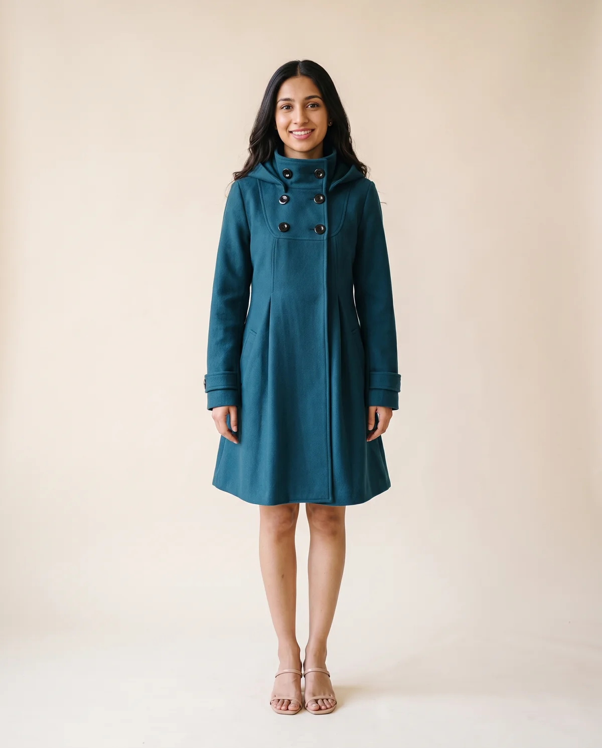 Hooded A-Line Wool-Look Coat in Teal, front view, worn by Priya