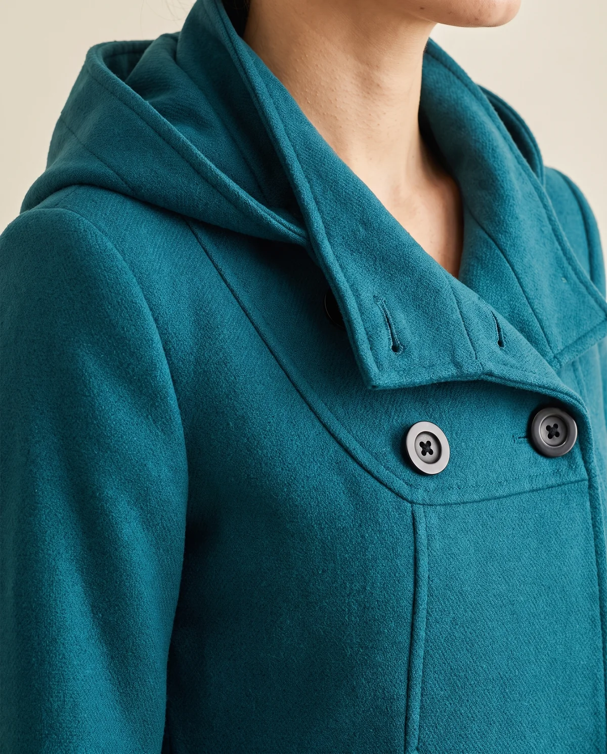 Hooded A-Line Wool-Look Coat in Teal, close-up of the detail