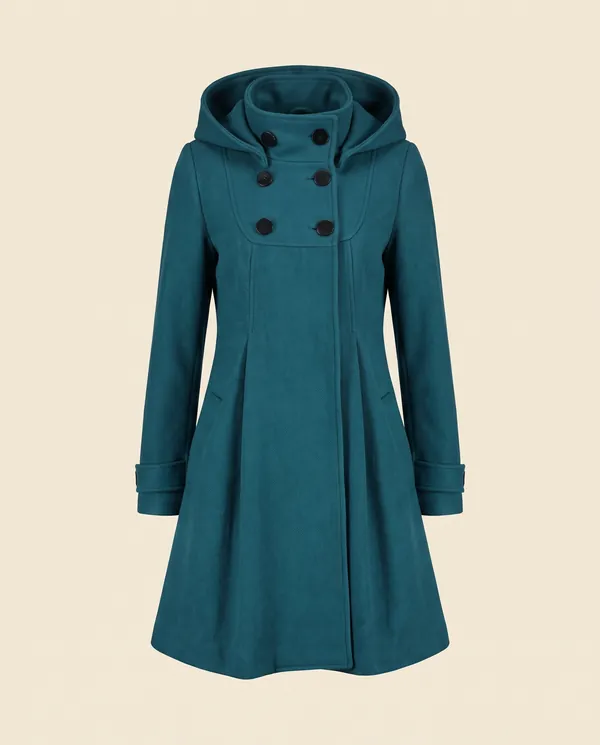 Hooded A-Line Wool-Look Coat in Teal, product shot on a plain background