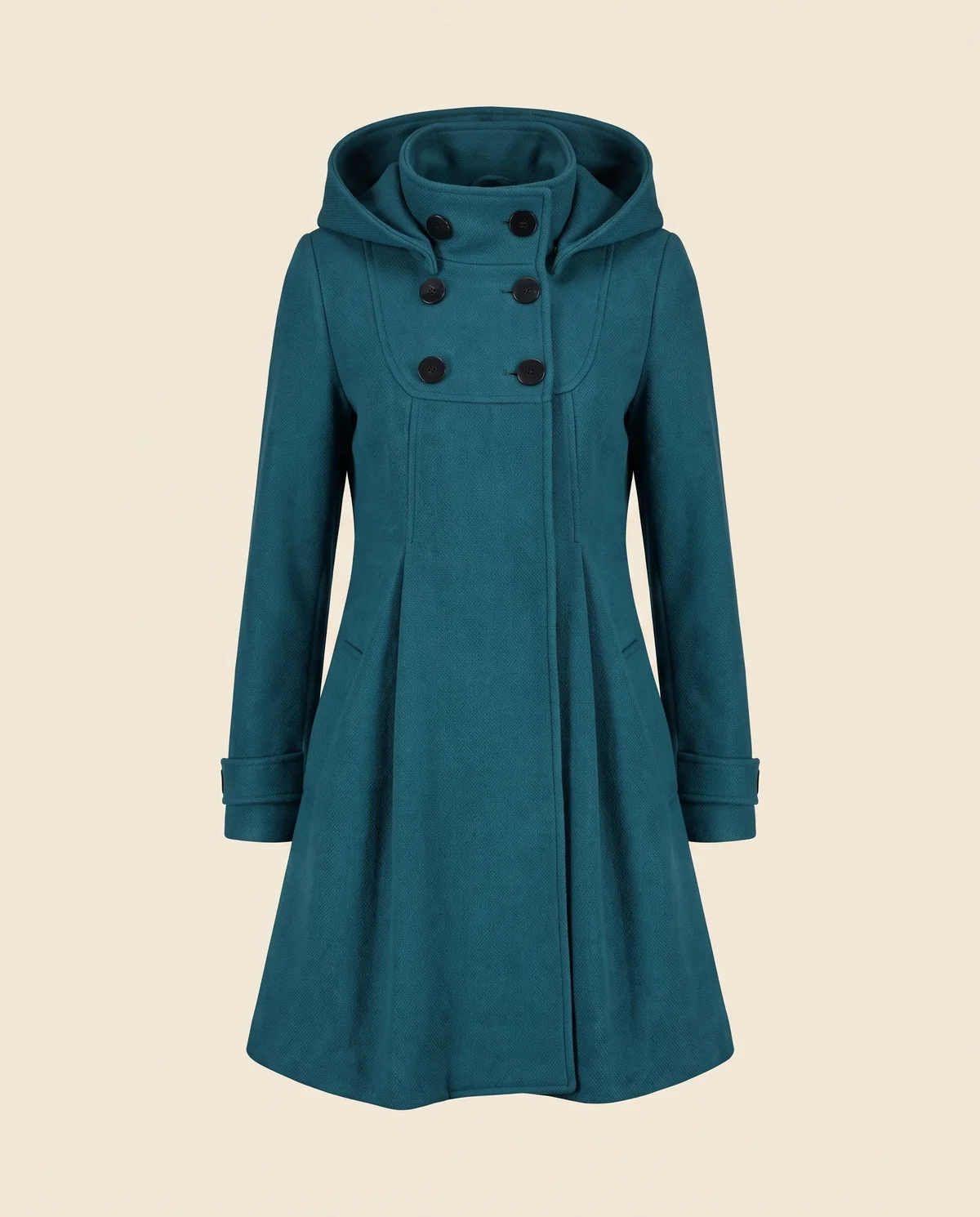 Hooded A-Line Wool-Look Coat in Teal, product shot on a plain background