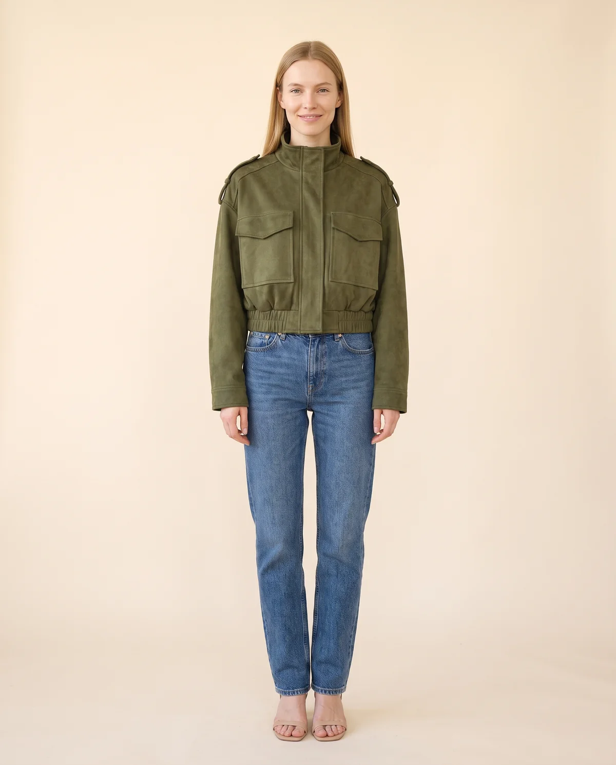 Faux Suede Cargo-Pocket Bomber Jacket in Olive, front view, worn by Maya