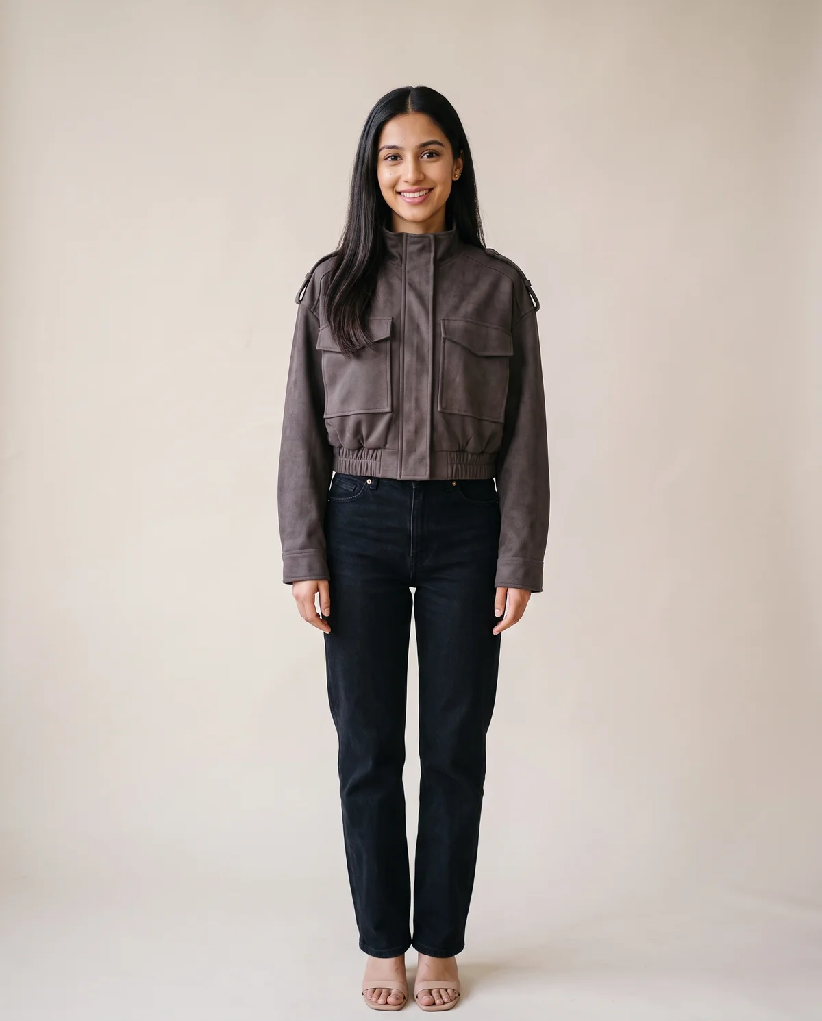 Faux Suede Cargo-Pocket Bomber Jacket in Charcoal, front view, worn by Priya