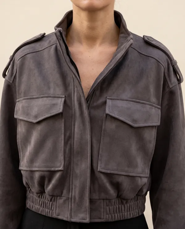 Faux Suede Cargo-Pocket Bomber Jacket in Charcoal, close-up of the detail