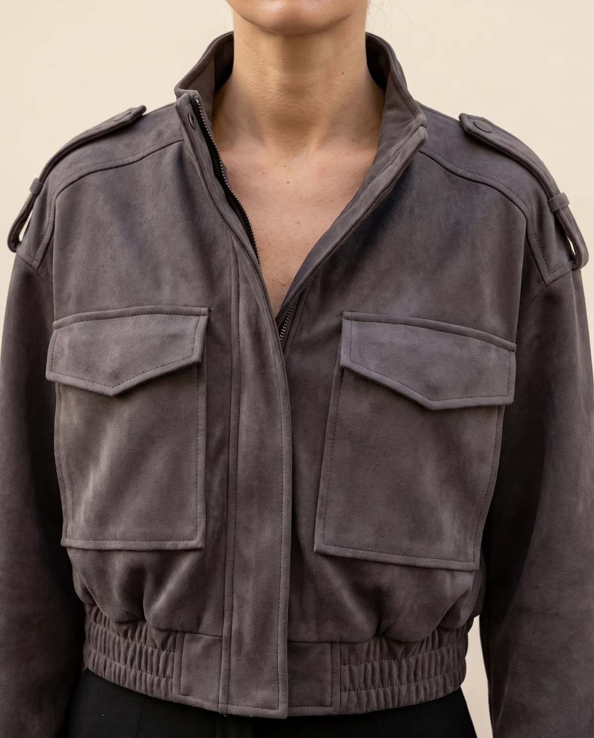 Faux Suede Cargo-Pocket Bomber Jacket in Charcoal, close-up of the detail