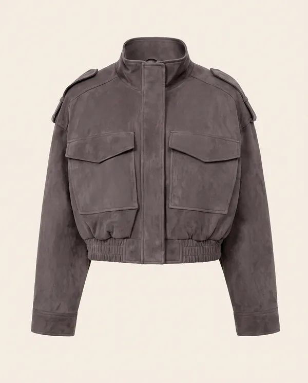 Faux Suede Cargo-Pocket Bomber Jacket in Charcoal, product shot on a plain background