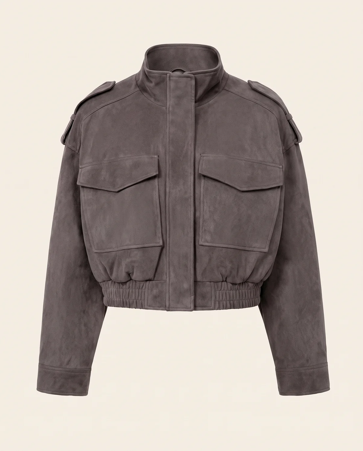 Faux Suede Cargo-Pocket Bomber Jacket in Charcoal, product shot on a plain background