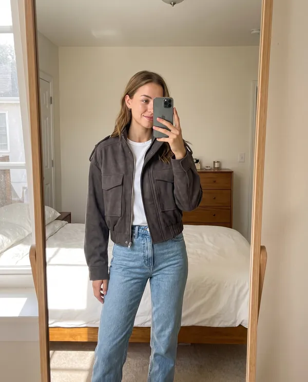 Satin Eve styling: Faux Suede Cargo-Pocket Bomber Jacket