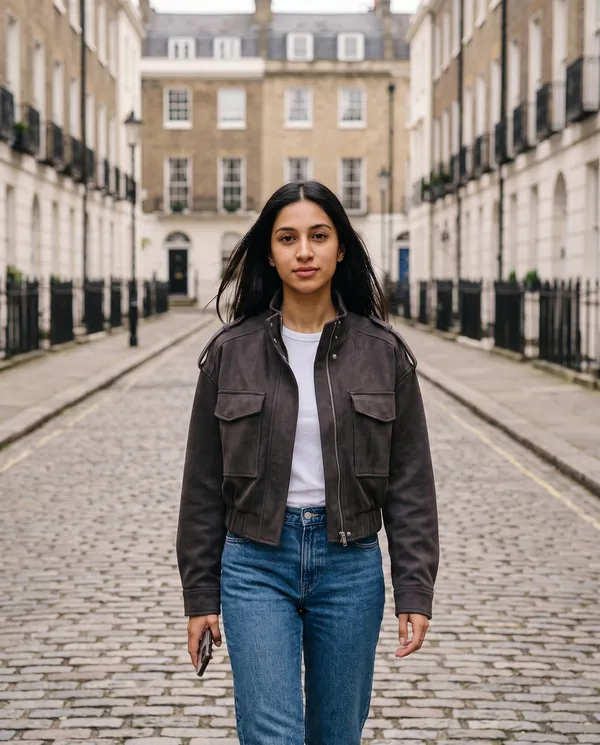 Satin Eve styling: Faux Suede Cargo-Pocket Bomber Jacket
