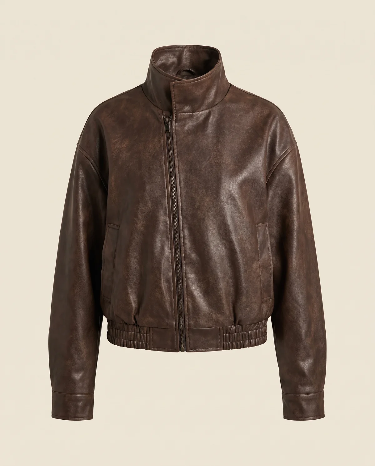 Faux Leather Aged-Finish Zip Bomber Jacket in Chocolate, product shot on a plain background
