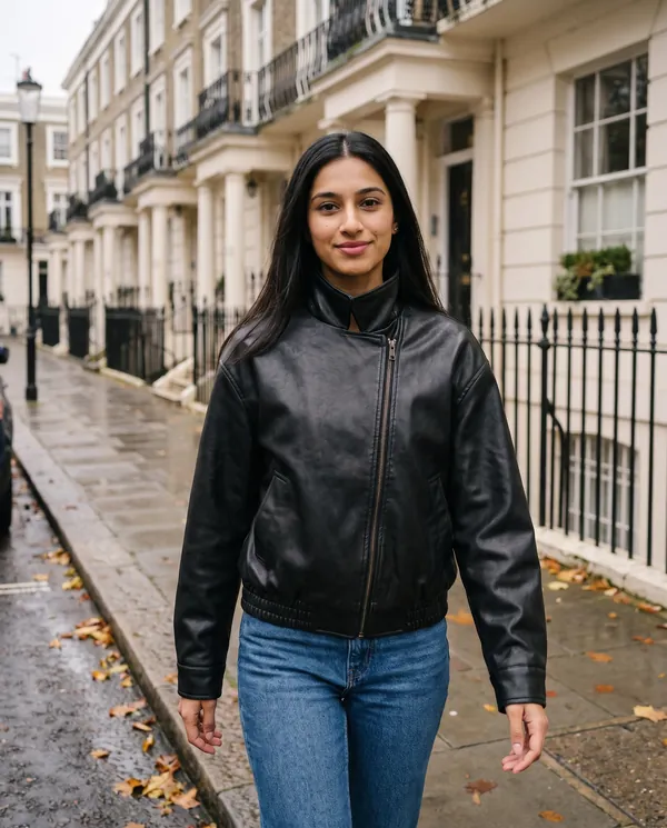 Satin Eve styling: Faux Leather Aged-Finish Zip Bomber Jacket