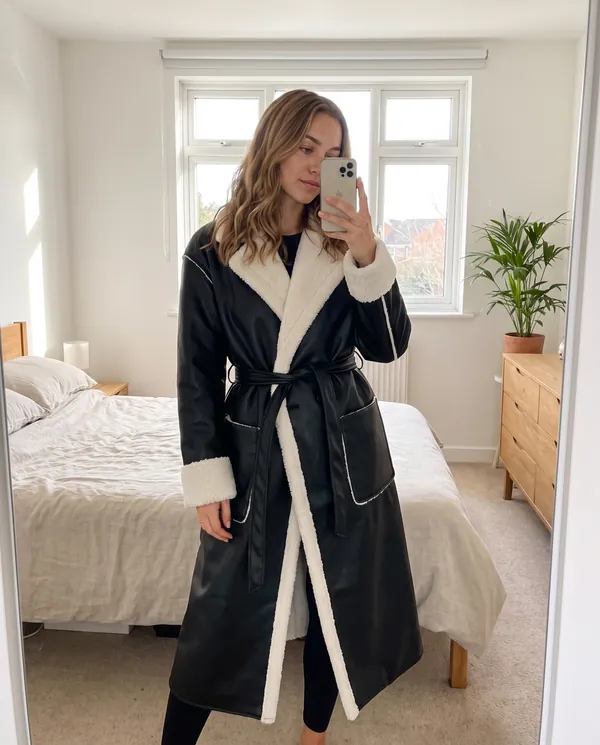 Satin Eve styling: Belted Long Faux Leather Coat