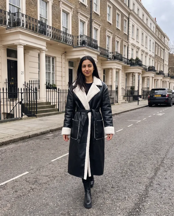 Satin Eve styling: Belted Long Faux Leather Coat