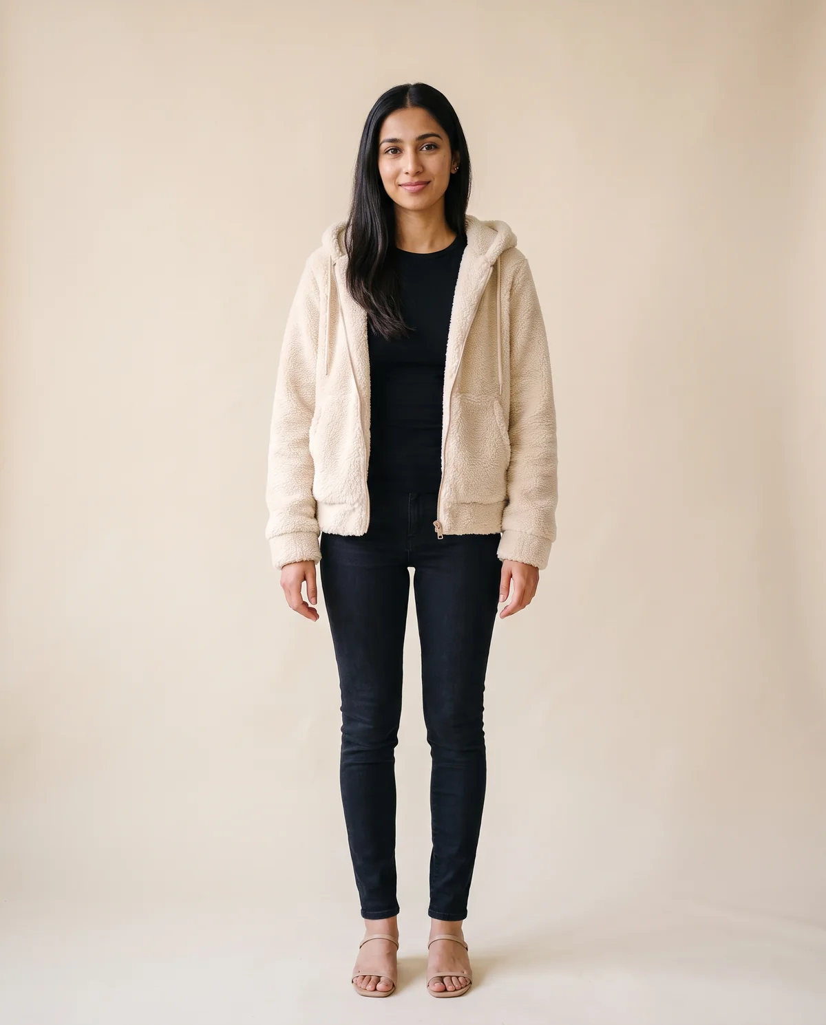 Faux Teddy Hooded Zip Jacket in Cream, front view, worn by Priya