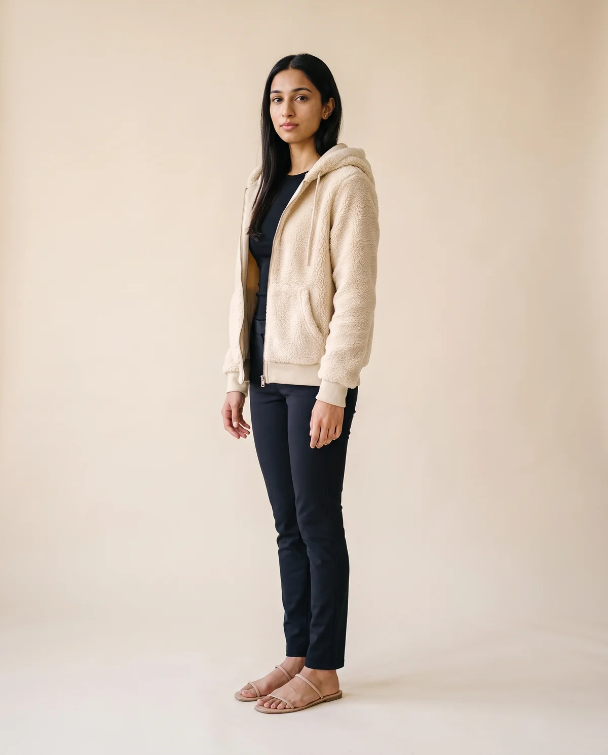 Faux Teddy Hooded Zip Jacket in Cream, side view, worn by Priya