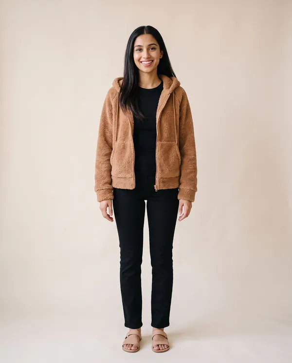 Faux Teddy Hooded Zip Jacket in Camel, front view, worn by Priya