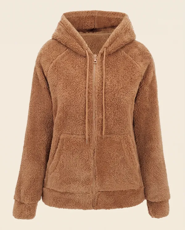 Faux Teddy Hooded Zip Jacket in Camel, product shot on a plain background