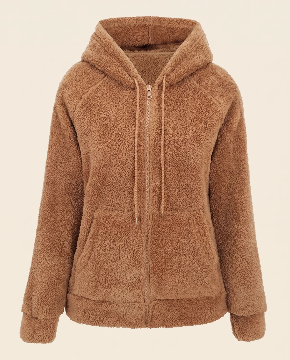 Faux Teddy Hooded Zip Jacket in Camel, product shot on a plain background