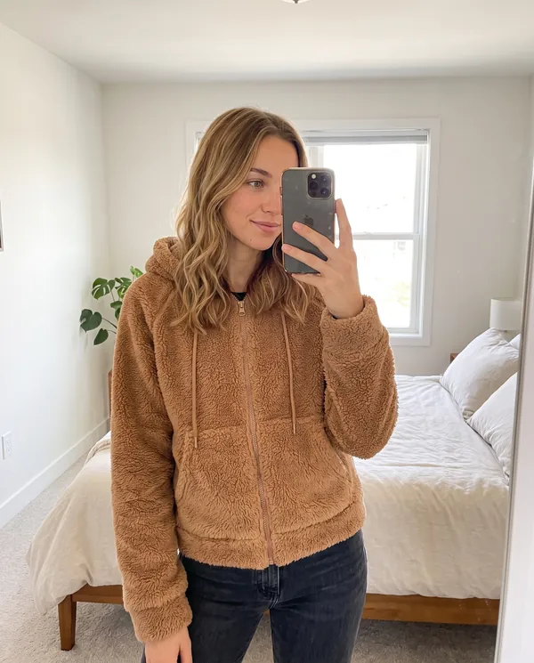 Satin Eve styling: Faux Teddy Hooded Zip Jacket