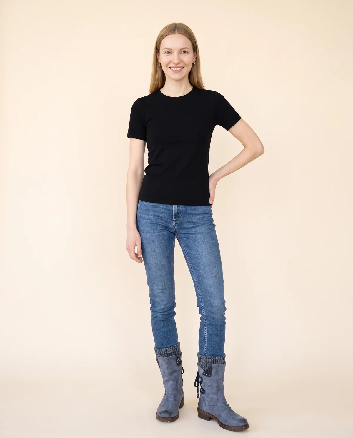 Back-Lace Knit-Cuff Mid-Calf Boot in Slate Blue, front view, worn by Maya
