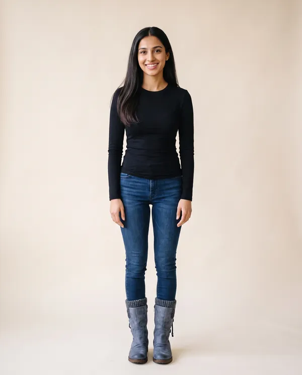 Back-Lace Knit-Cuff Mid-Calf Boot in Slate Blue, front view, worn by Priya
