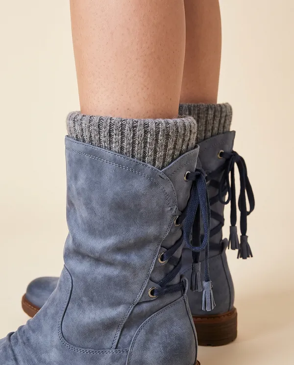 Back-Lace Knit-Cuff Mid-Calf Boot in Slate Blue, close-up of the detail