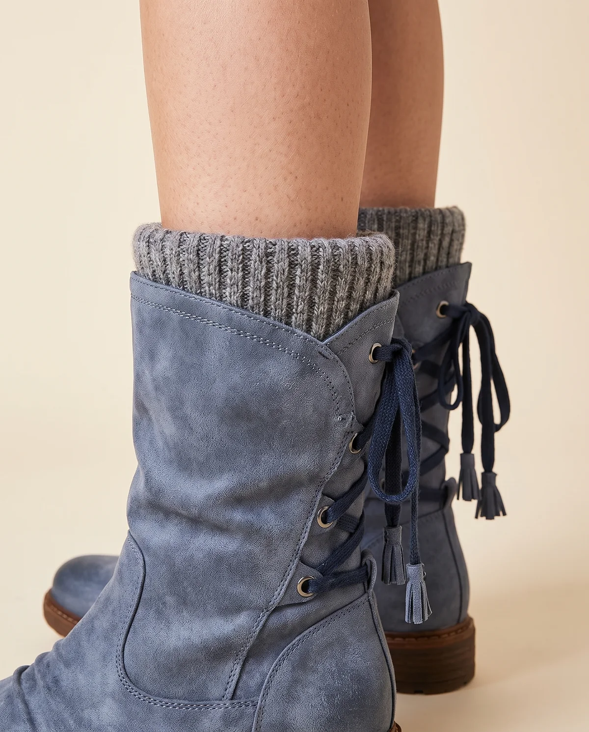 Back-Lace Knit-Cuff Mid-Calf Boot in Slate Blue, close-up of the detail