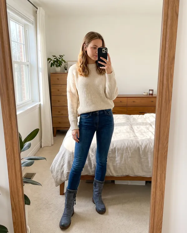 Satin Eve styling: Back-Lace Knit-Cuff Mid-Calf Boot