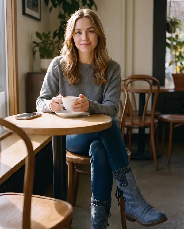 Satin Eve styling: Back-Lace Knit-Cuff Mid-Calf Boot