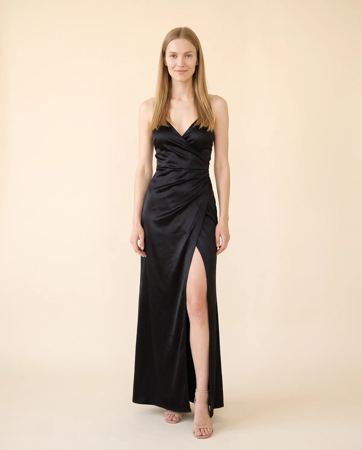 Stretch Satin Wrap Maxi Dress in Black, front view, worn by Maya