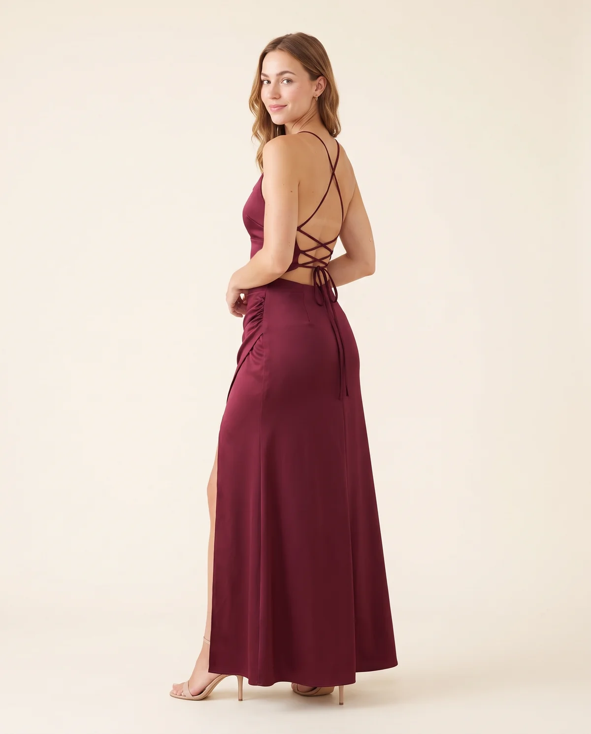 Stretch Satin Wrap Maxi Dress in Wine, back view, worn by Ava