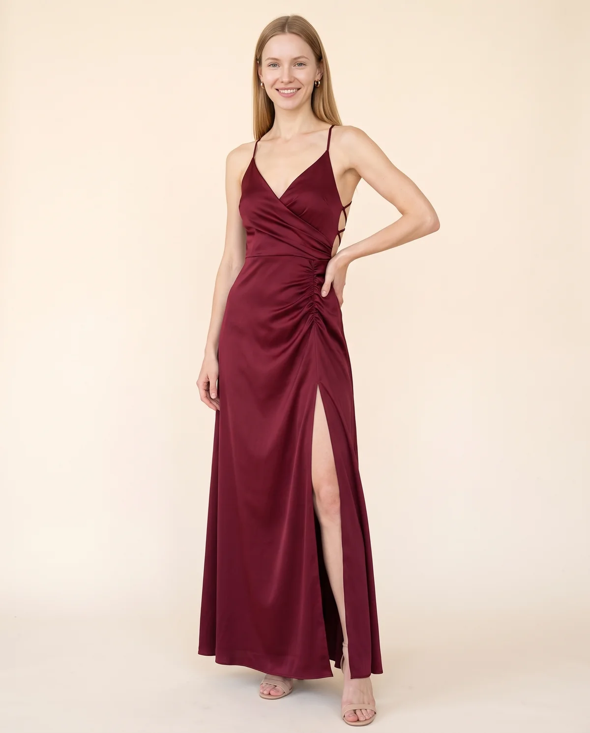 Stretch Satin Wrap Maxi Dress in Wine, front view, worn by Maya