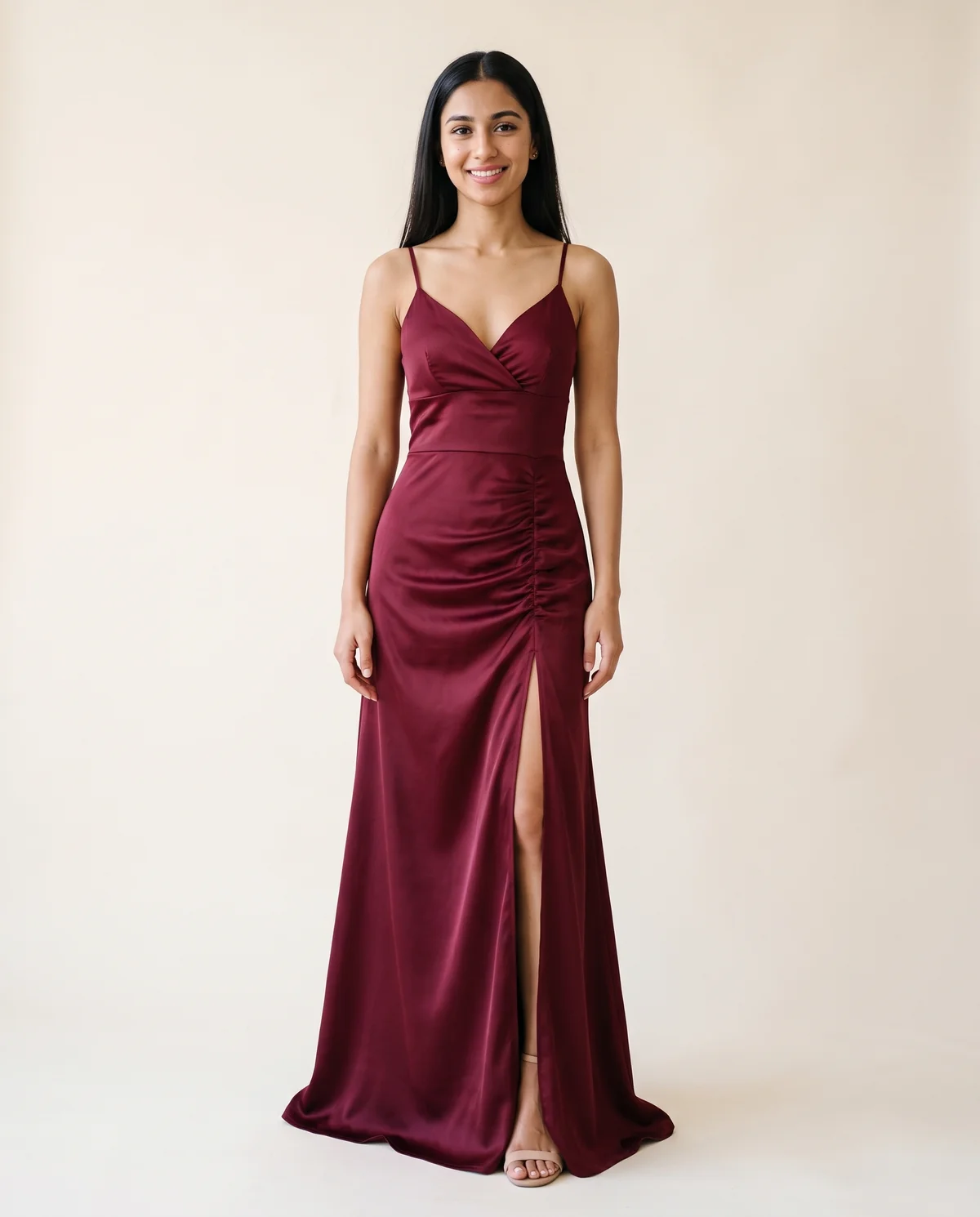 Stretch Satin Wrap Maxi Dress in Wine, front view, worn by Priya