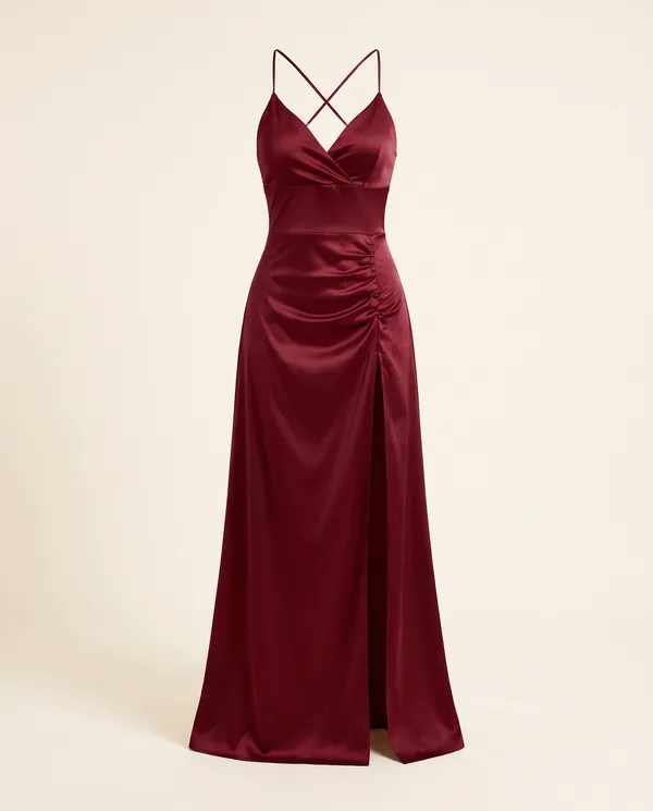 Stretch Satin Wrap Maxi Dress in Wine, product shot on a plain background